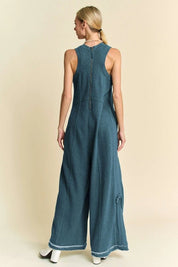 Ribbed Contrast Ruched Side Seam French Jumpsuit - Teal - Blue Sky Fashions & Lingerie