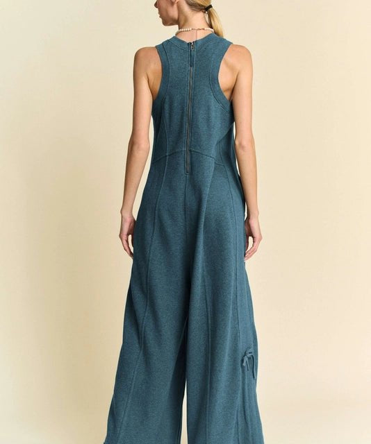 Ribbed Contrast Ruched Side Seam French Jumpsuit - Teal - Blue Sky Fashions & Lingerie