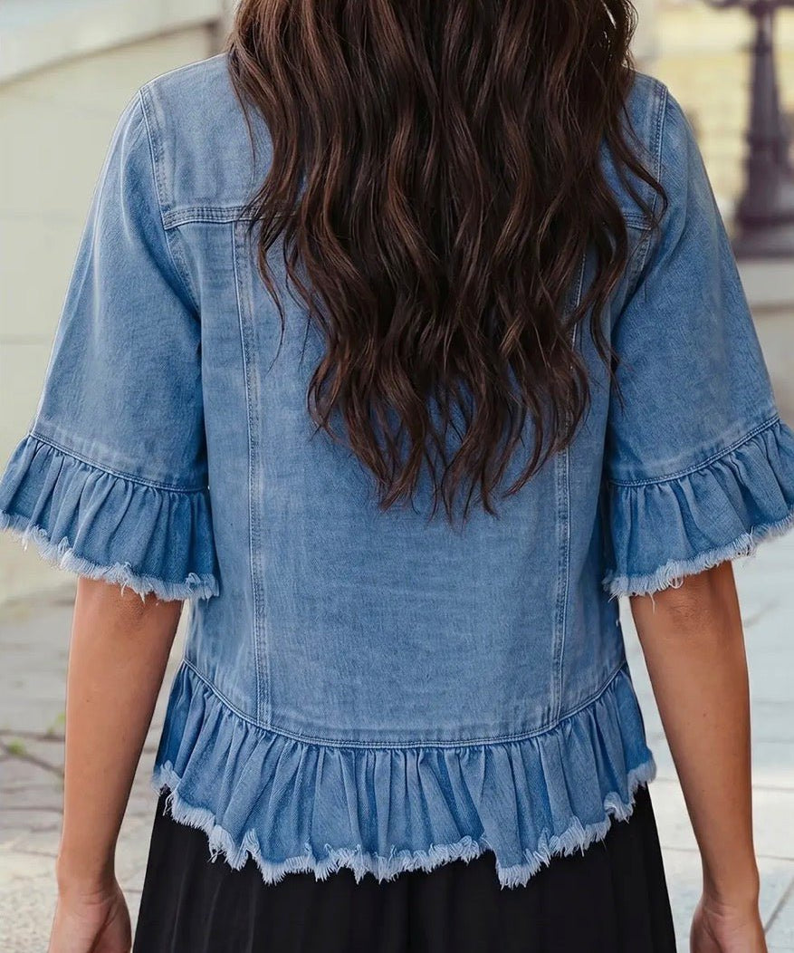 Ruffle Hem Half Sleeve Western Style Denim Jacket - Blue Sky Fashions & Lingerie