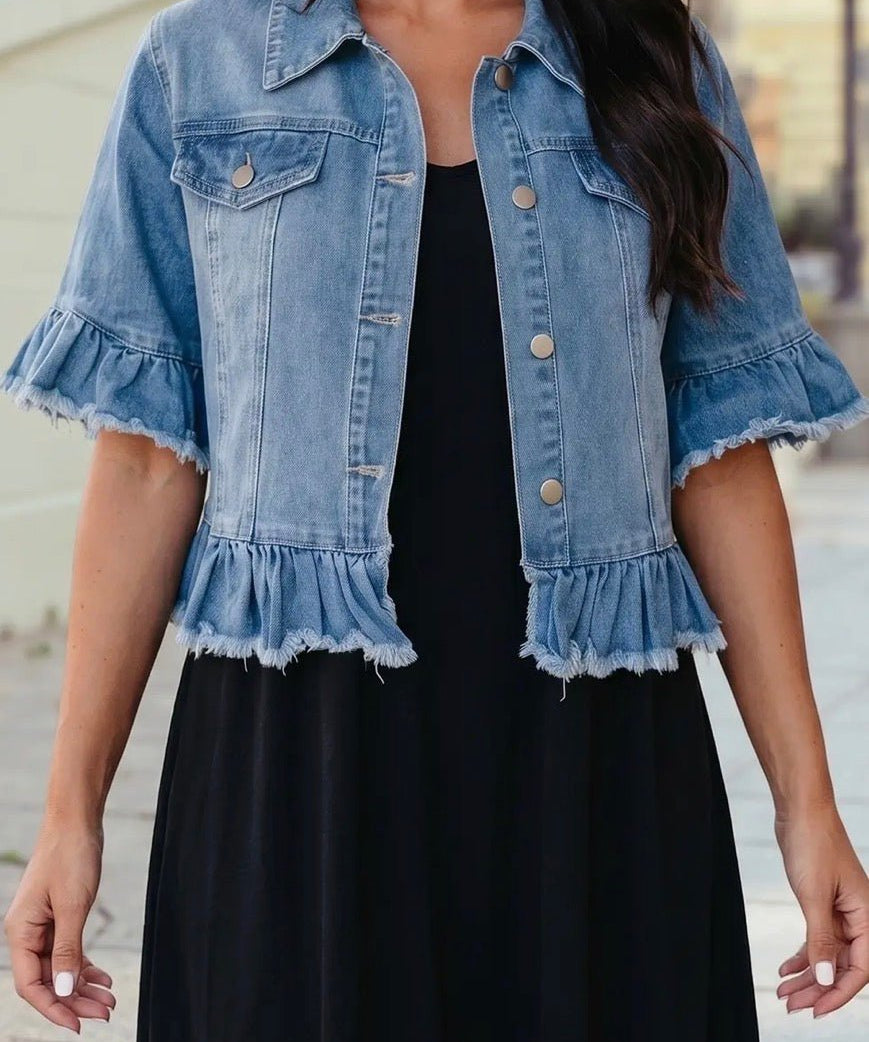 Ruffle Hem Half Sleeve Western Style Denim Jacket - Blue Sky Fashions & Lingerie