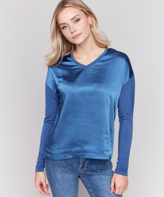  Jersey Knit Top V - neck Front and Back by Charlie B - Denim - Blue Sky Fashions & Lingerie