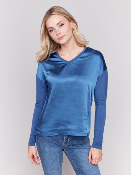 Satin / Jersey Knit Top V - neck Front and Back by Charlie B - Denim - Blue Sky Fashions & Lingerie