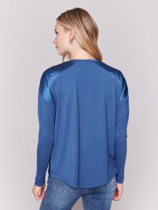 Satin / Jersey Knit Top V - neck Front and Back by Charlie B - Denim - Blue Sky Fashions & Lingerie