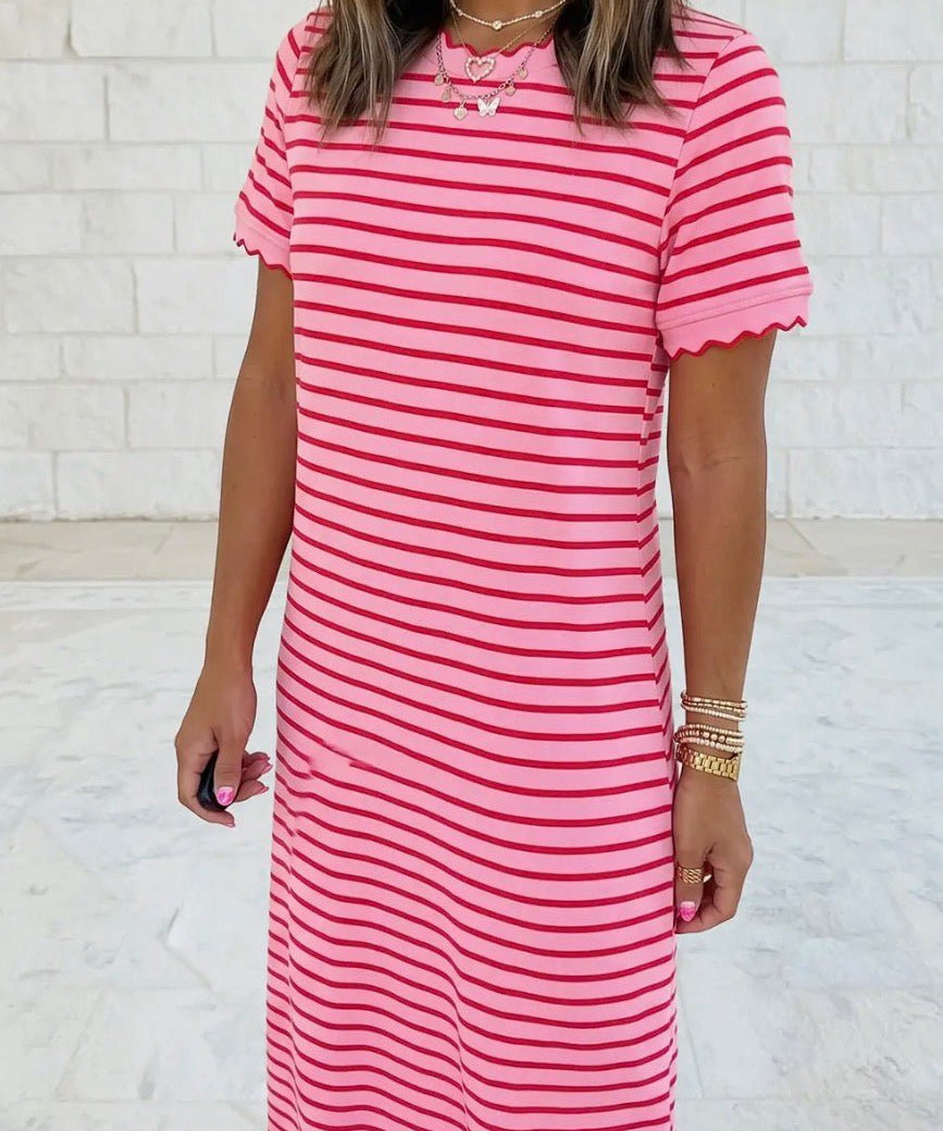 Scalloped Trim Short Sleeve Side Slit T Shirt Long Dress - Blue Sky Fashions & Lingerie