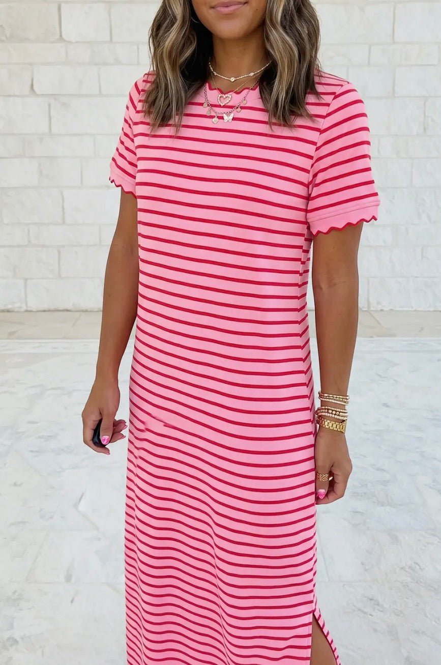 Scalloped Trim Short Sleeve Side Slit T Shirt Long Dress - Blue Sky Fashions & Lingerie