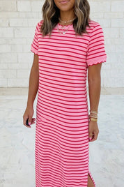 Scalloped Trim Short Sleeve Side Slit T Shirt Long Dress - Blue Sky Fashions & Lingerie
