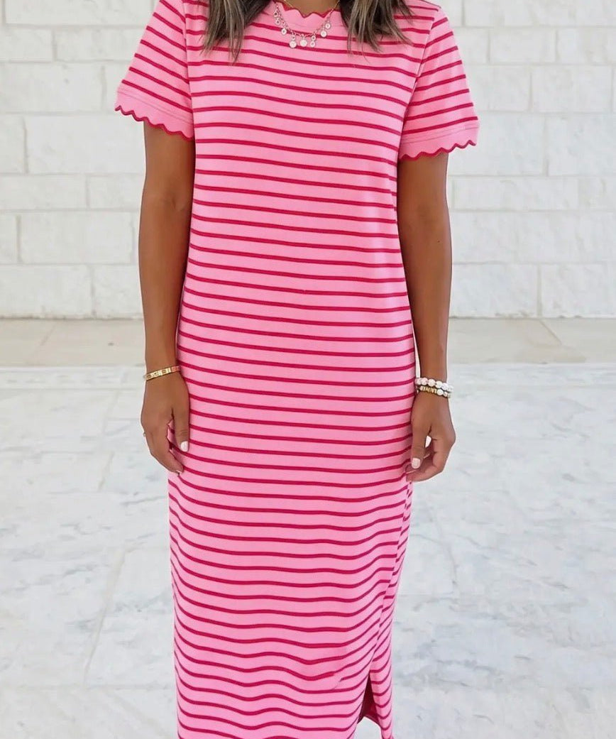 Scalloped Trim Short Sleeve Side Slit T Shirt Long Dress - Blue Sky Fashions & Lingerie