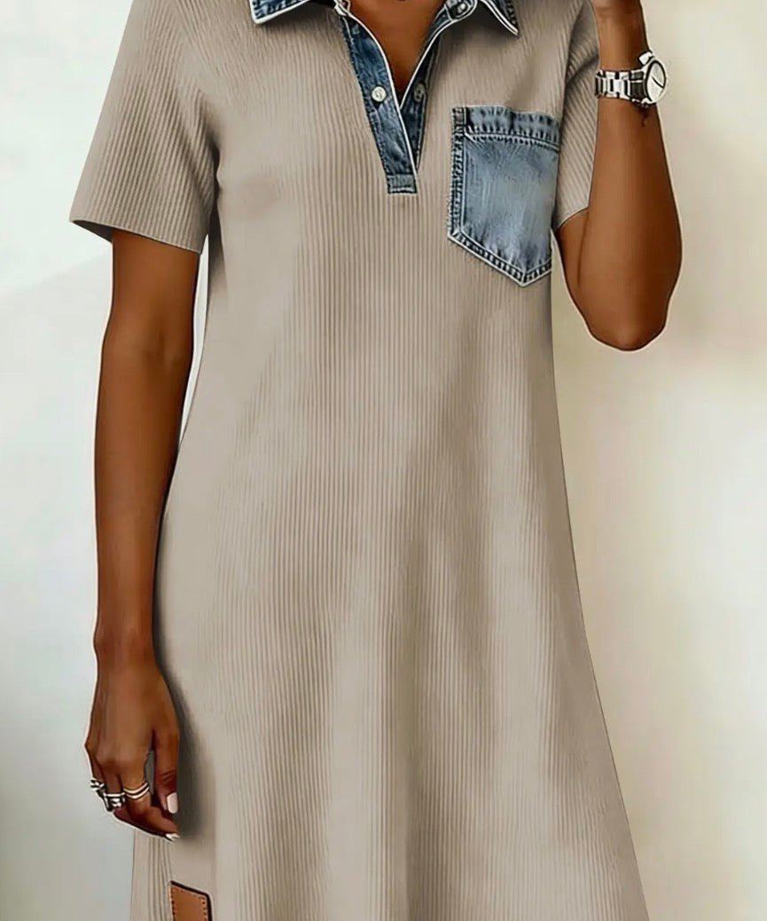 Short Sleeve Ribbed Knit Denim Patchwork Polo Collar Dress - Blue Sky Fashions & Lingerie