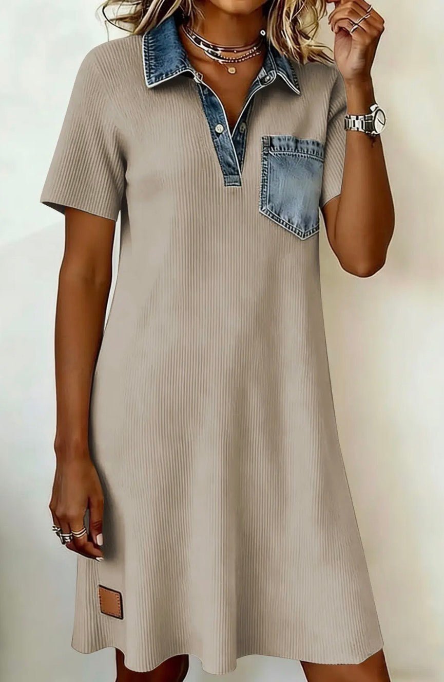 Short Sleeve Ribbed Knit Denim Patchwork Polo Collar Dress - Blue Sky Fashions & Lingerie