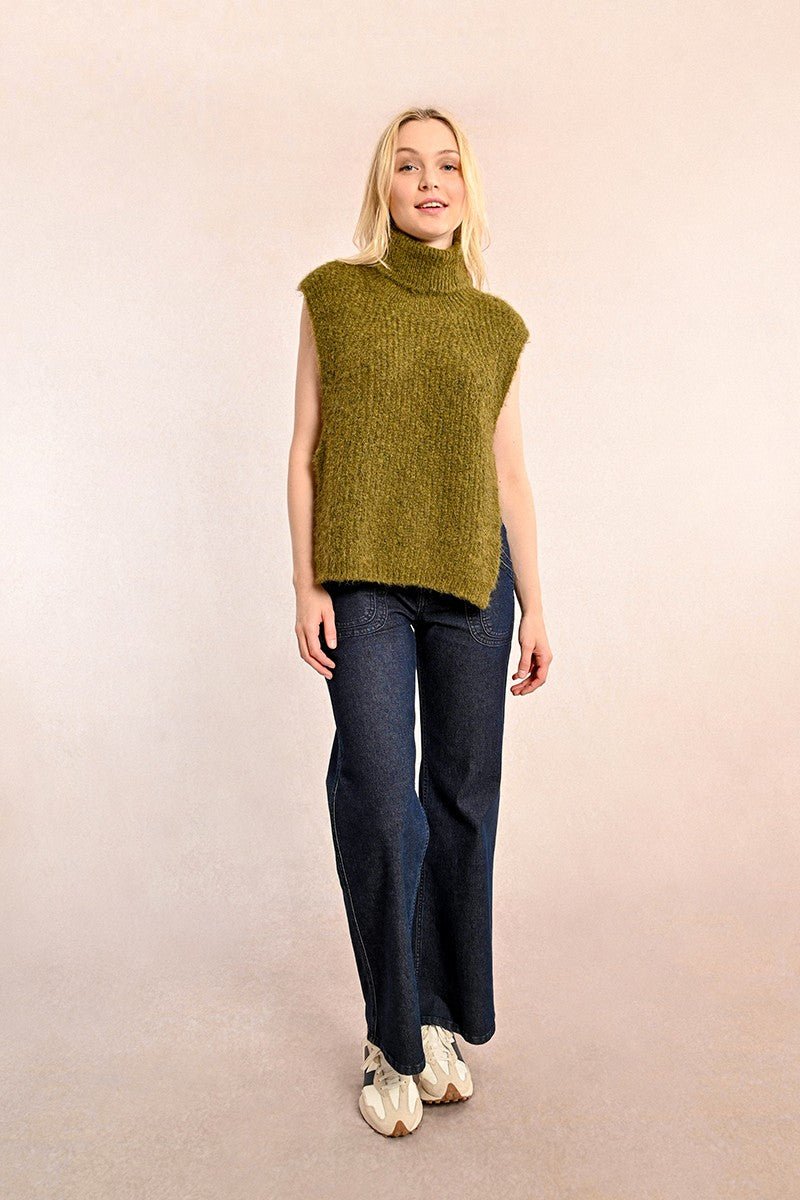 SLEEVELESS OPENWORK SWEATER WITH TURTLENECK - Khaki - Blue Sky Fashions & Lingerie