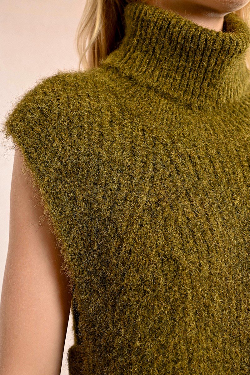 SLEEVELESS OPENWORK SWEATER WITH TURTLENECK - Khaki - Blue Sky Fashions & Lingerie