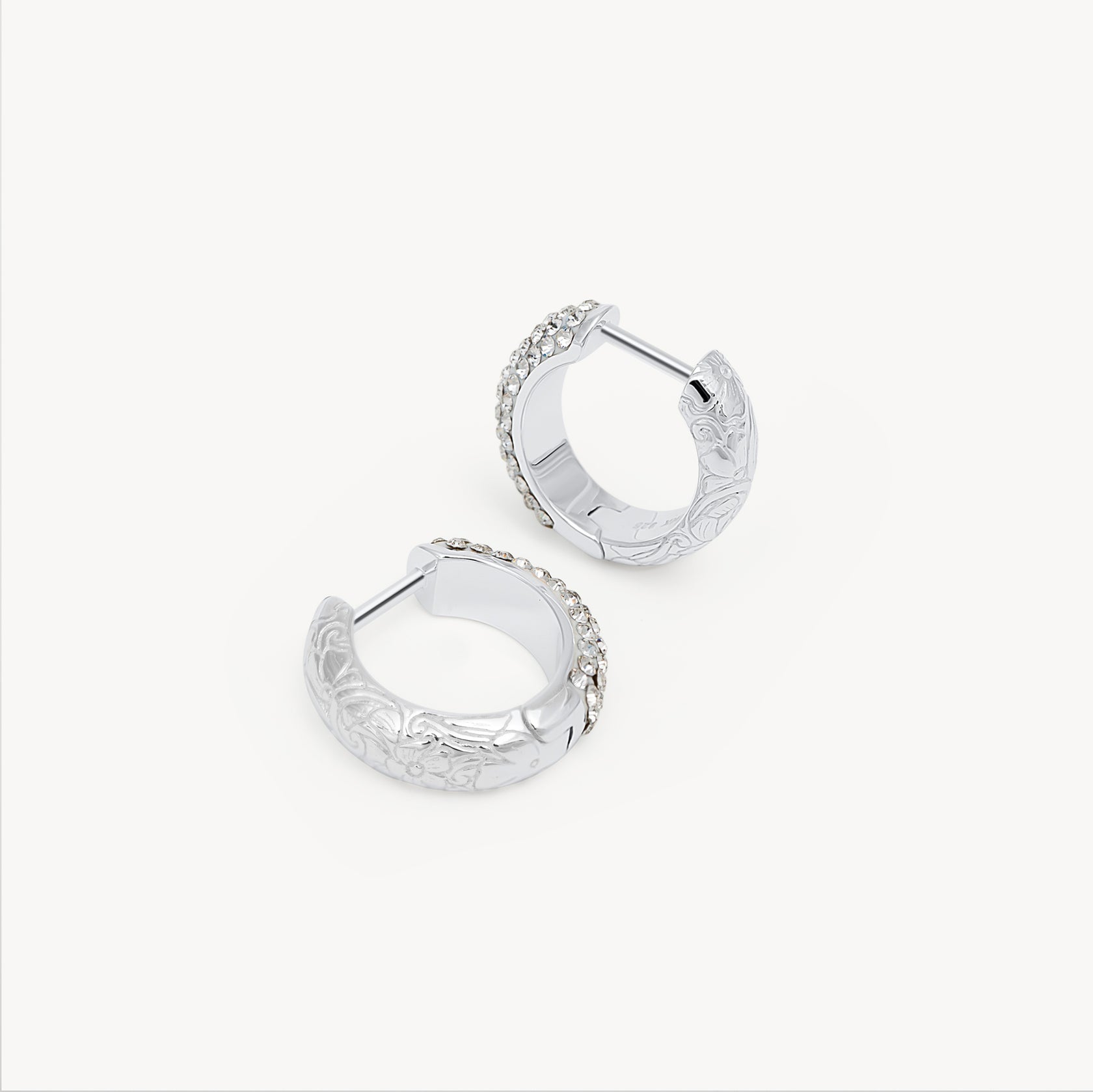 SMALL ETCHED FLORAL SPARKLE REVERSIBLE HOOPS - Whie - Blue Sky Fashions & Lingerie