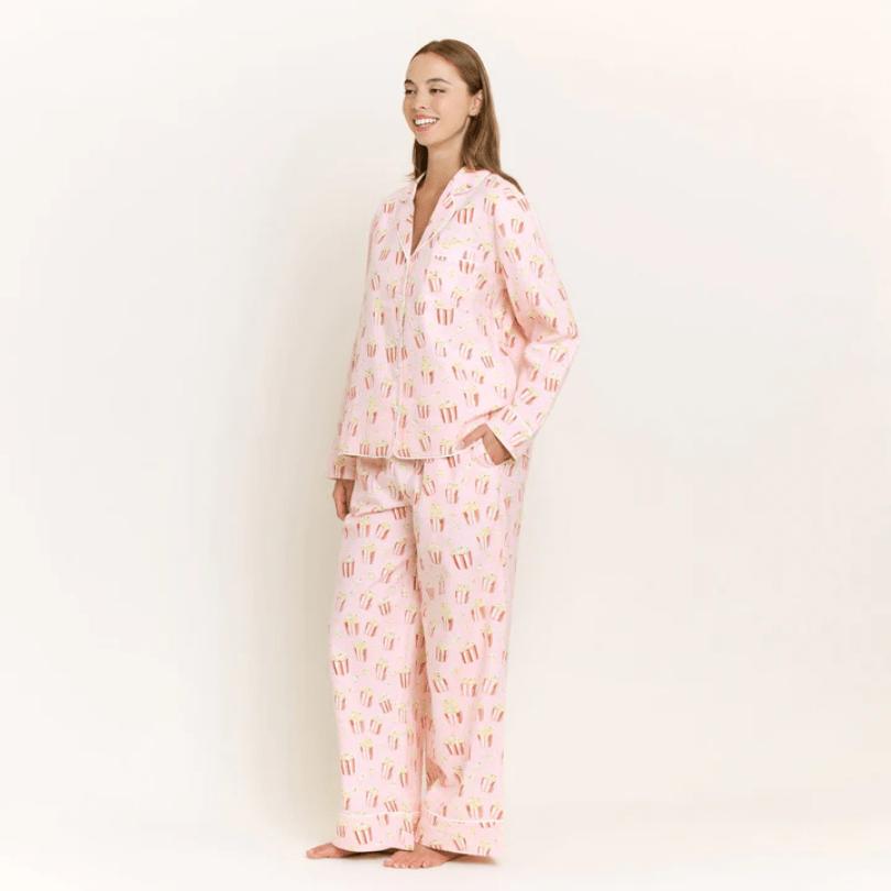 Snooze Mode Long PJ Set in Ballet Pink Popcorn - Blue Sky Fashions & Lingerie