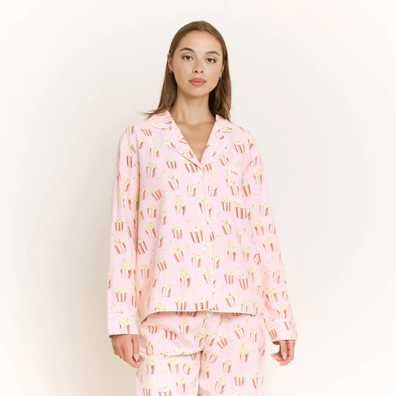 Snooze Mode Long PJ Set in Ballet Pink Popcorn - Blue Sky Fashions & Lingerie