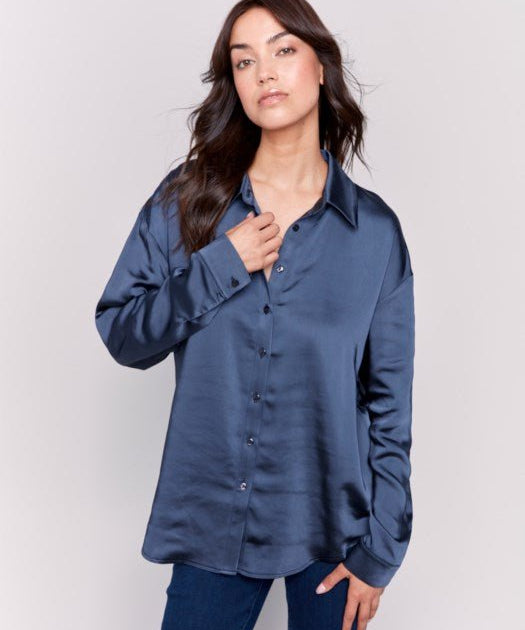 Solid button down Satin Shirt by Charlie B - Navy - Blue Sky Fashions & Lingerie