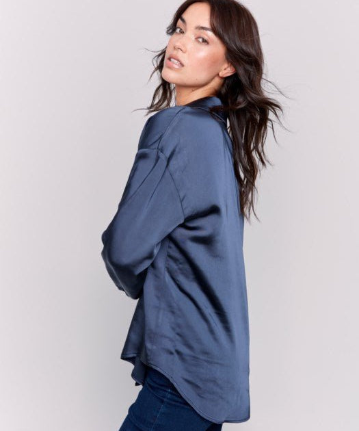 Solid button down Satin Shirt by Charlie B - Navy - Blue Sky Fashions & Lingerie