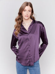 Solid button down Satin Shirt by Charlie B - Plum - Blue Sky Fashions & Lingerie