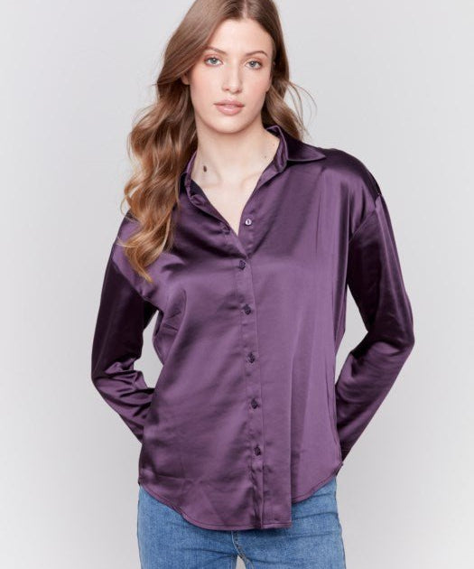 Solid button down Satin Shirt by Charlie B - Plum - Blue Sky Fashions & Lingerie