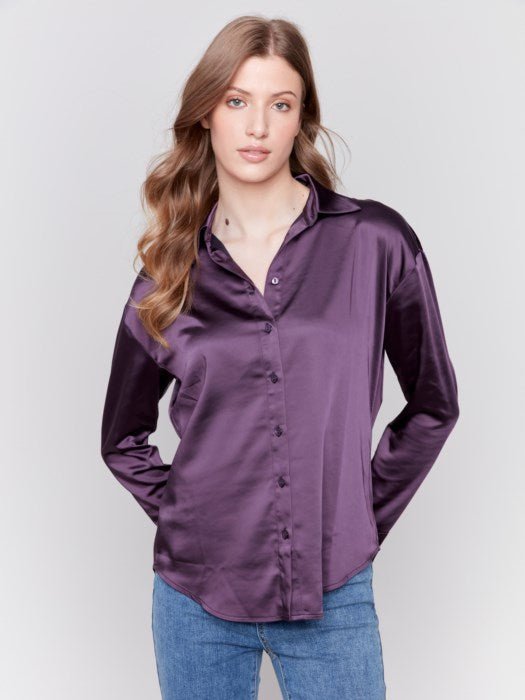 Solid button down Satin Shirt by Charlie B - Plum - Blue Sky Fashions & Lingerie