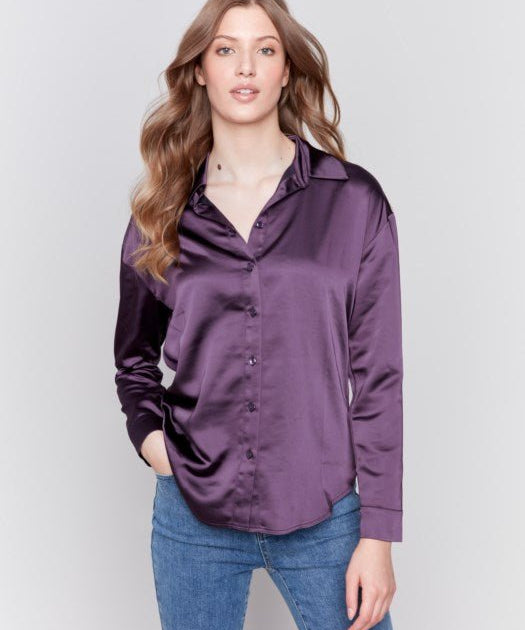 Solid button down Satin Shirt by Charlie B - Plum - Blue Sky Fashions & Lingerie