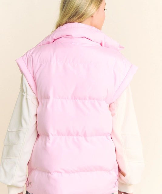 Solid Sleeveless Zipper Puffer Down Vest - Pink - Blue Sky Fashions & Lingerie