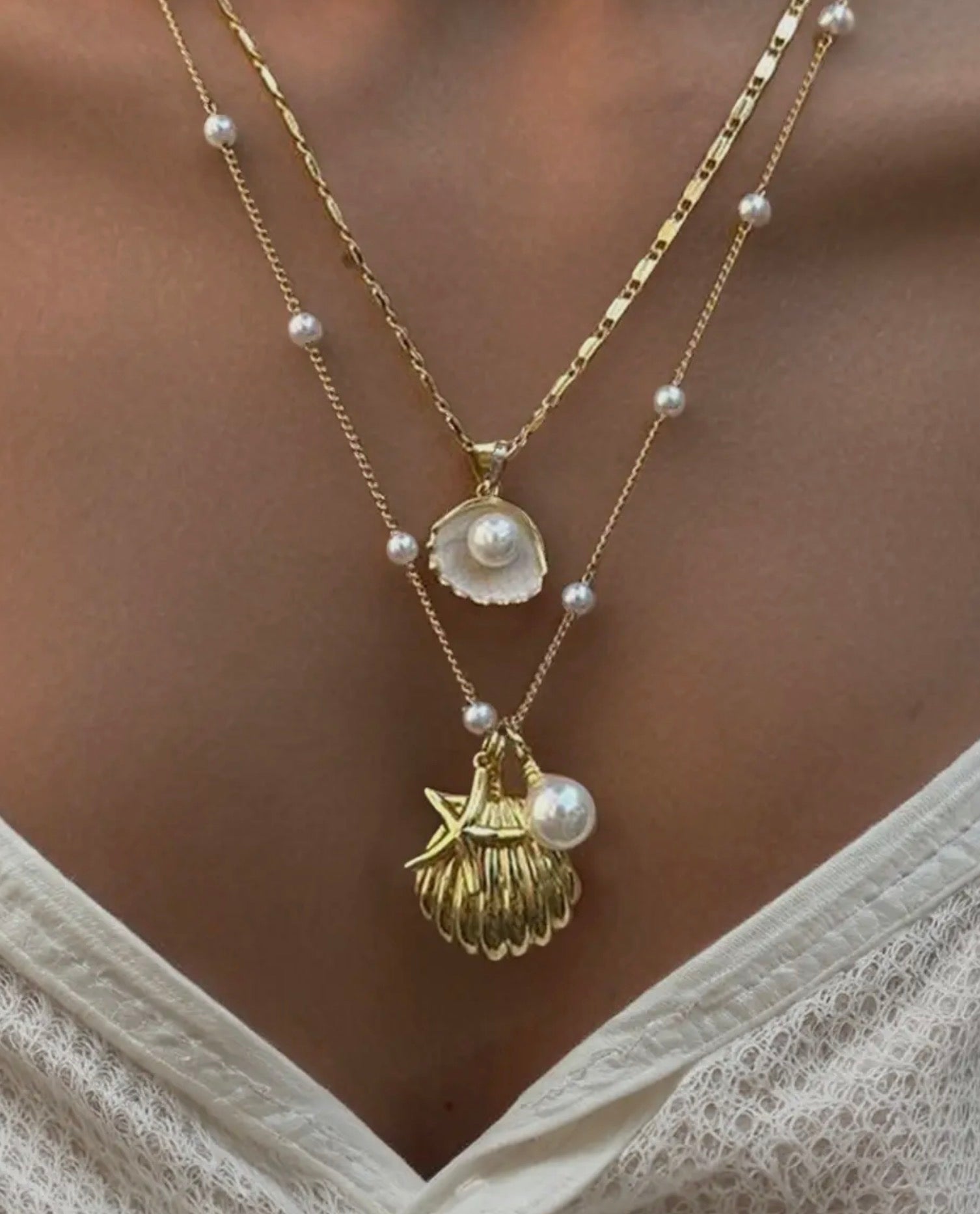 Starfish Shell Pearl Dual Chain Necklace - Blue Sky Fashions & Lingerie