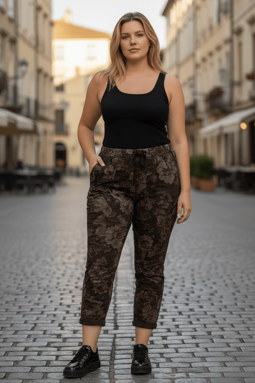 Stretchy floral crinkle pants - black - Blue Sky Fashions & Lingerie