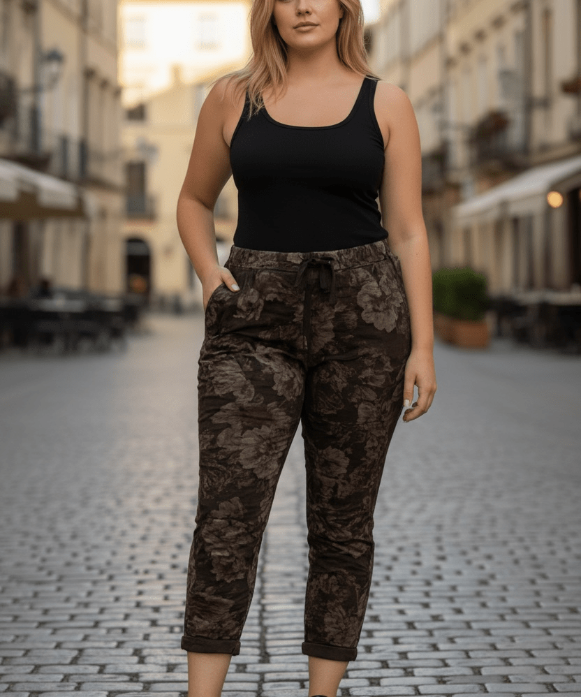 Stretchy floral crinkle pants - black - Blue Sky Fashions & Lingerie