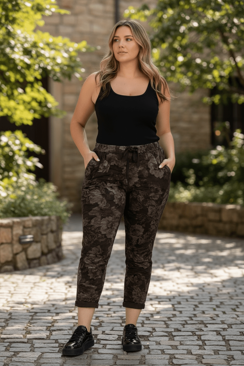 Stretchy floral crinkle pants - black - Blue Sky Fashions & Lingerie