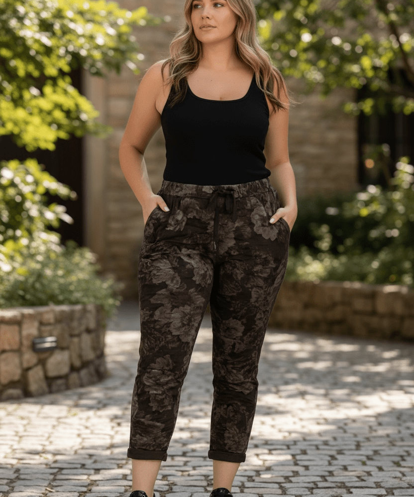 Stretchy floral crinkle pants - black - Blue Sky Fashions & Lingerie