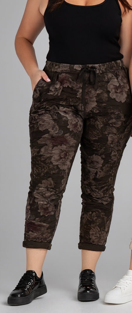 Stretchy floral crinkle pants - black - Blue Sky Fashions & Lingerie