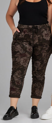 Stretchy floral crinkle pants - black - Blue Sky Fashions & Lingerie