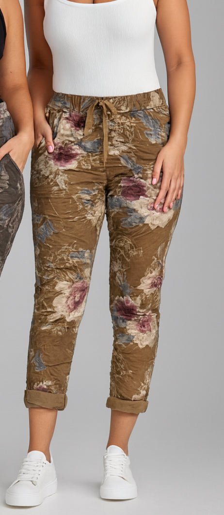 Stretchy floral crinkle pants - bronze - Blue Sky Fashions & Lingerie