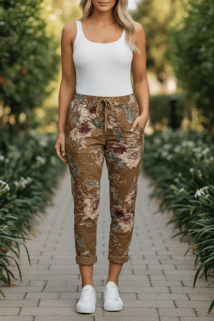 Stretchy floral crinkle pants - bronze - Blue Sky Fashions & Lingerie