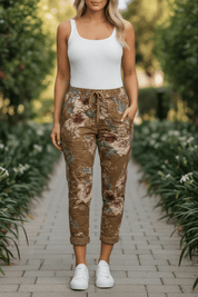 Stretchy floral crinkle pants - bronze - Blue Sky Fashions & Lingerie