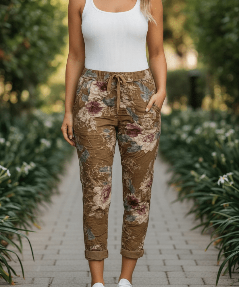 Stretchy floral crinkle pants - bronze - Blue Sky Fashions & Lingerie