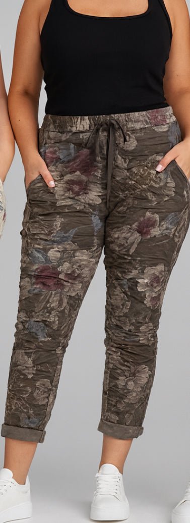 Stretchy floral crinkle pants - taupe - Blue Sky Fashions & Lingerie