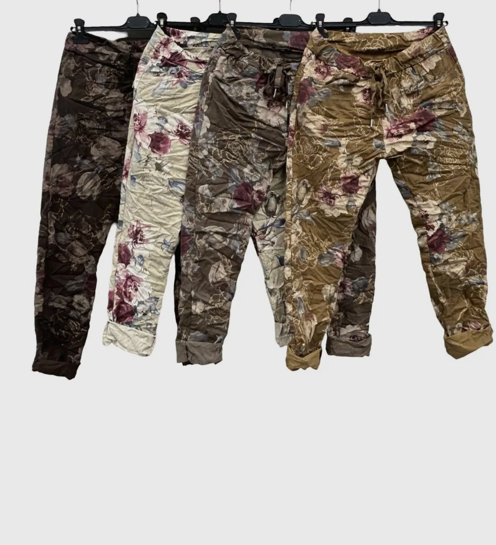 Stretchy floral crinkle pants - taupe - Blue Sky Fashions & Lingerie