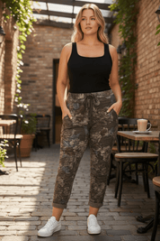 Stretchy floral crinkle pants - taupe - Blue Sky Fashions & Lingerie