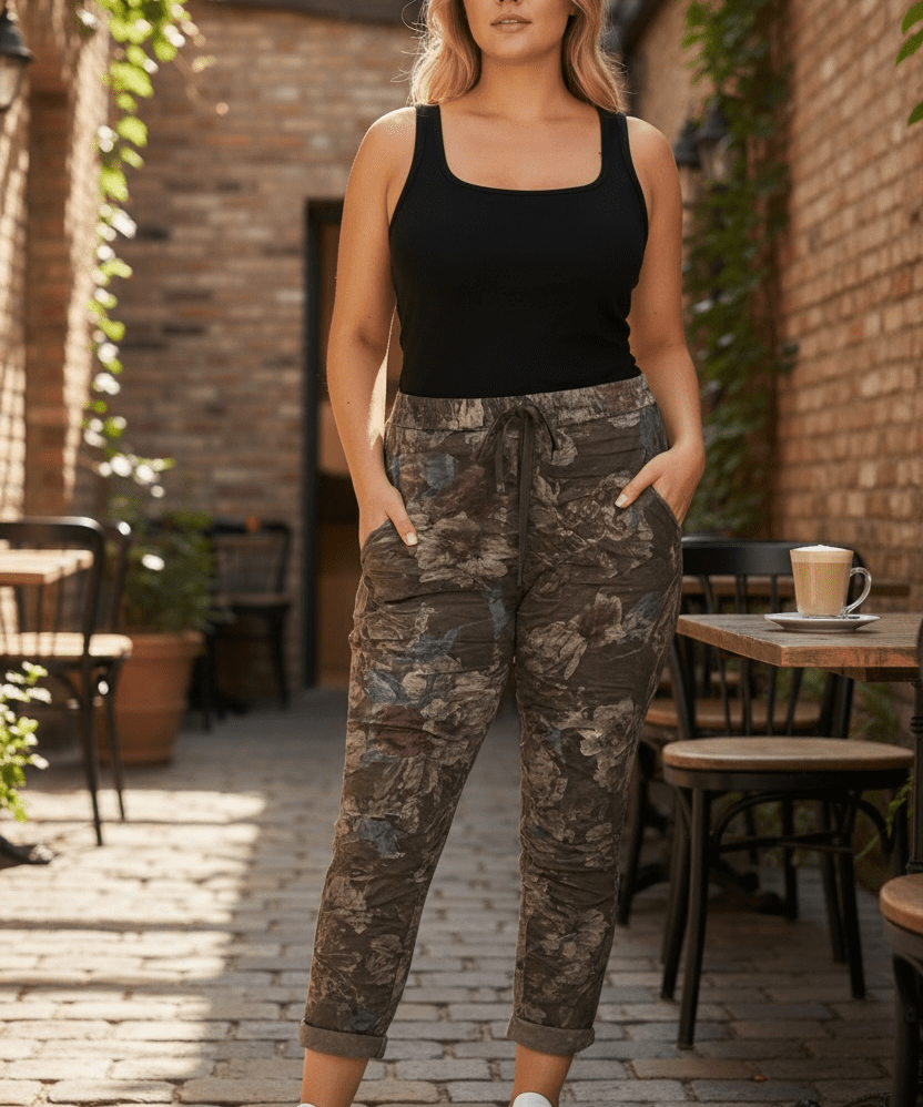 Stretchy floral crinkle pants - taupe - Blue Sky Fashions & Lingerie