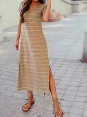 Stripe Casual Short Sleeve Side Slit Maxi T Shirt Dress - Blue Sky Fashions & Lingerie
