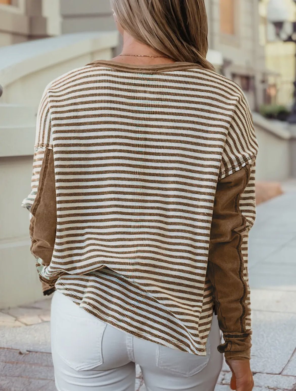 Stripe Patchwork Round Neck Long Sleeve Tee - Blue Sky Fashions & Lingerie