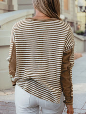 Stripe Patchwork Round Neck Long Sleeve Tee - Blue Sky Fashions & Lingerie