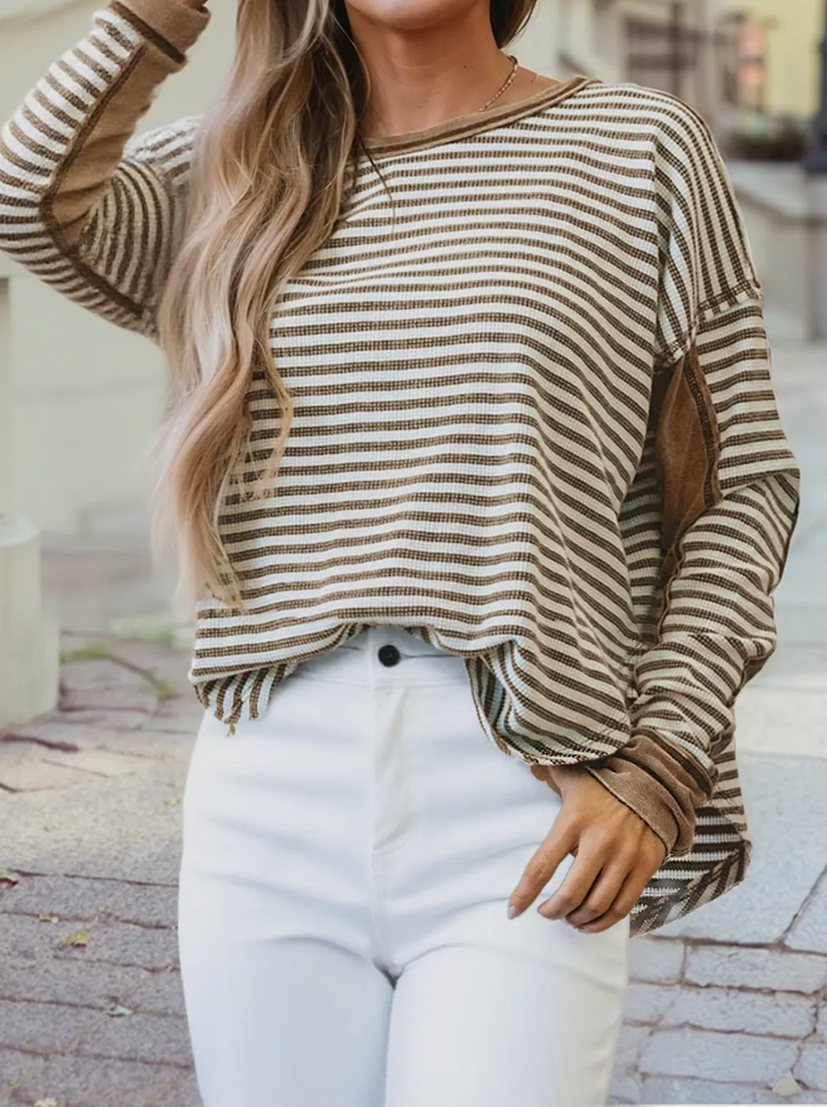 Stripe Patchwork Round Neck Long Sleeve Tee - Blue Sky Fashions & Lingerie