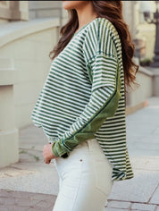 Stripe Patchwork Round Neck Long Sleeve Tee - Green - Blue Sky Fashions & Lingerie