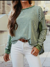 Stripe Patchwork Round Neck Long Sleeve Tee - Green - Blue Sky Fashions & Lingerie