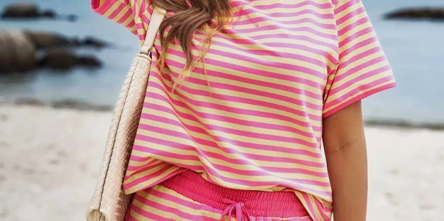 Stripe Short Sleeve Top and Skort Set - Blue Sky Fashions &amp; Lingerie