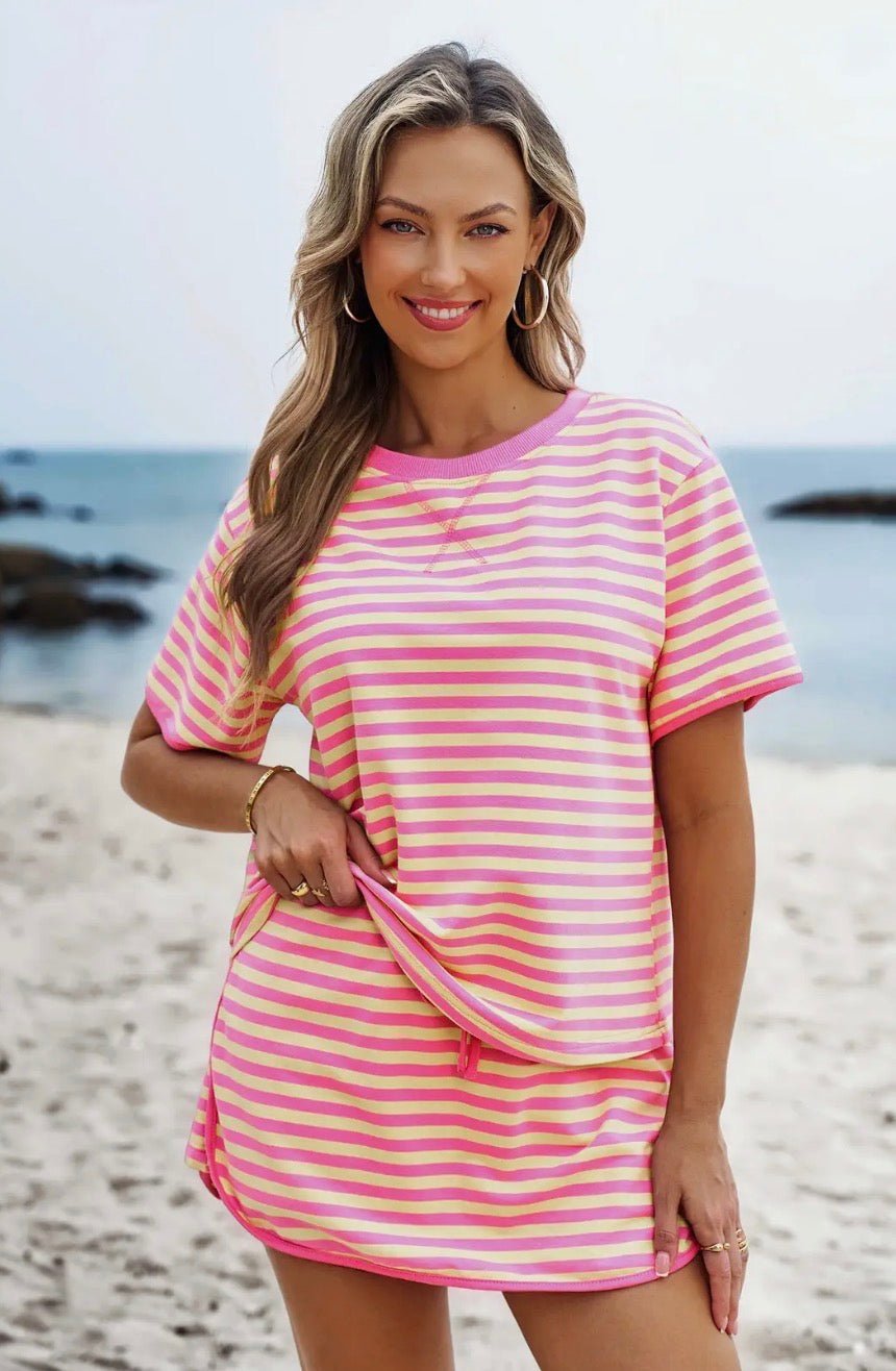 Stripe Short Sleeve Top and Skort Set - Blue Sky Fashions & Lingerie