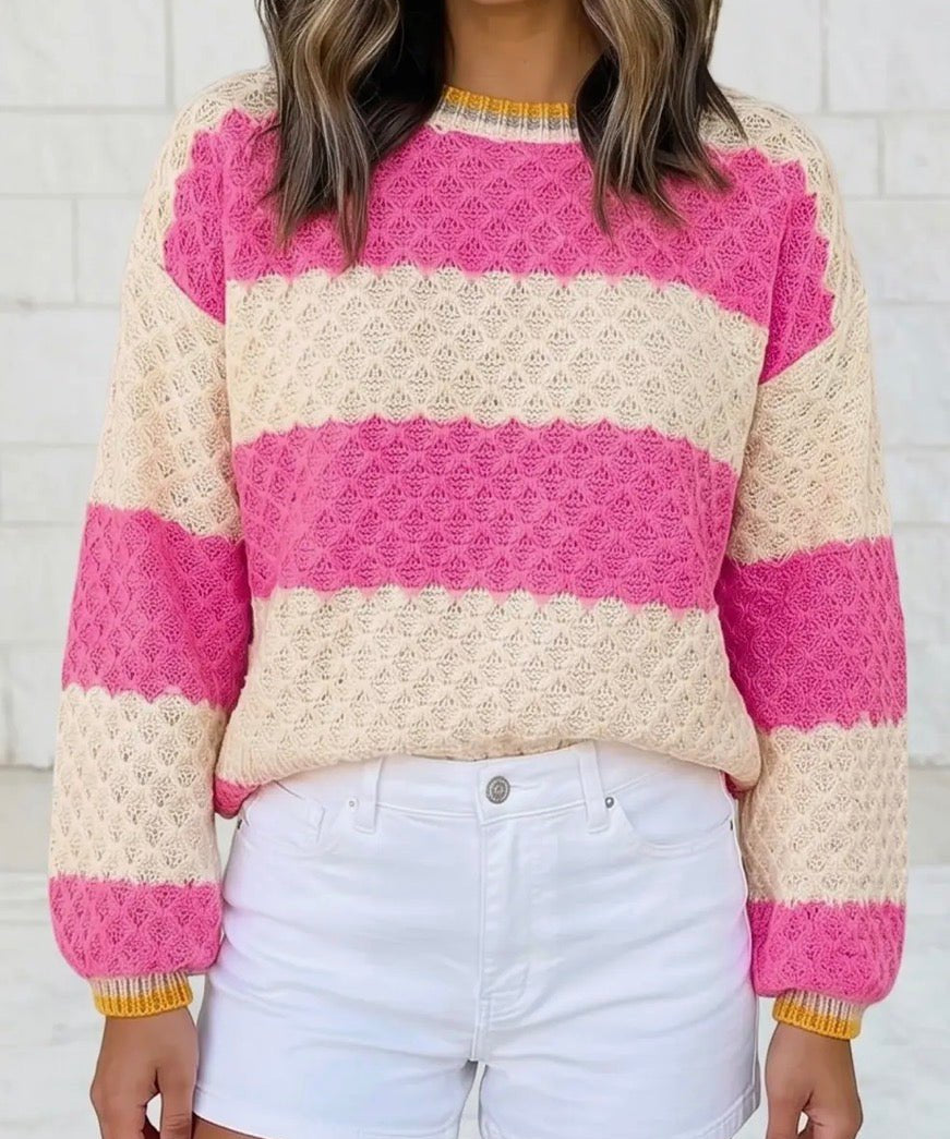 Striped Colorblock Texture Drop Shoulder Sweater - Blue Sky Fashions & Lingerie