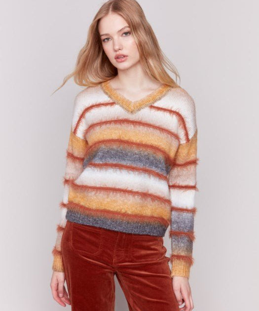 Striped Eyelash Space Dye Sweater - Amber - Blue Sky Fashions & Lingerie